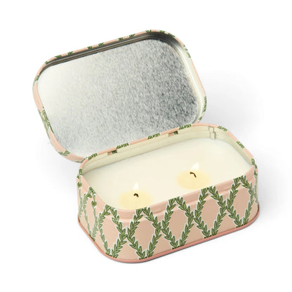 Chérie 4.5 oz Tin Candle, A black metal tin printed with a cream floral pattern, labeled Black Fig and Olive Soy Wax Candle.