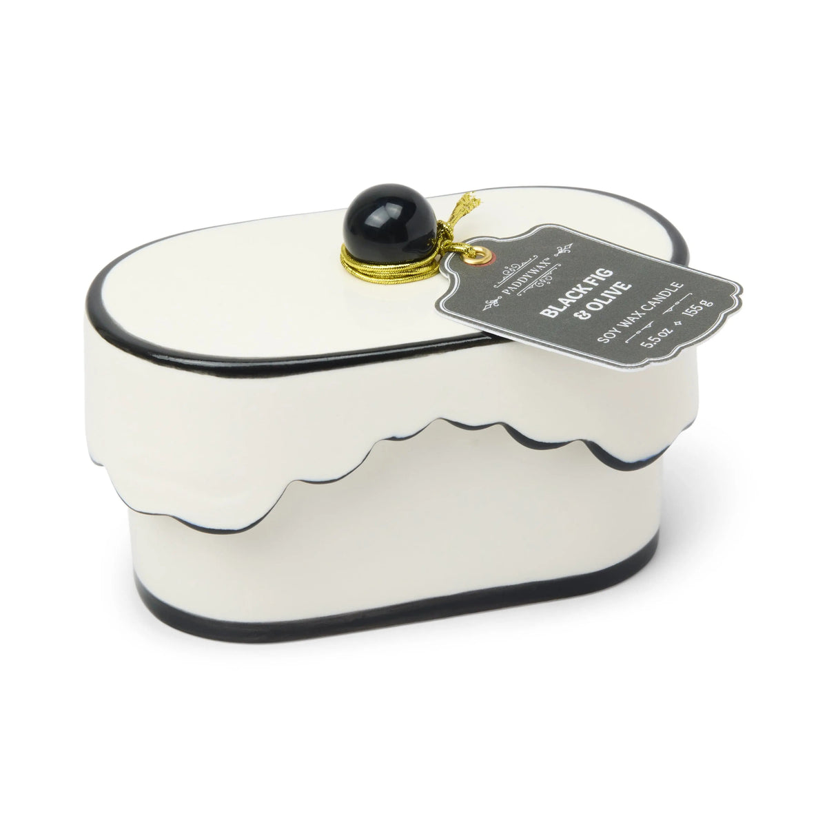 Chérie 5.5 oz Ceramic Candle, A white ceramic lidded candle box with a black scalloped rim and a round knob, tagged Black Fig and Olive.