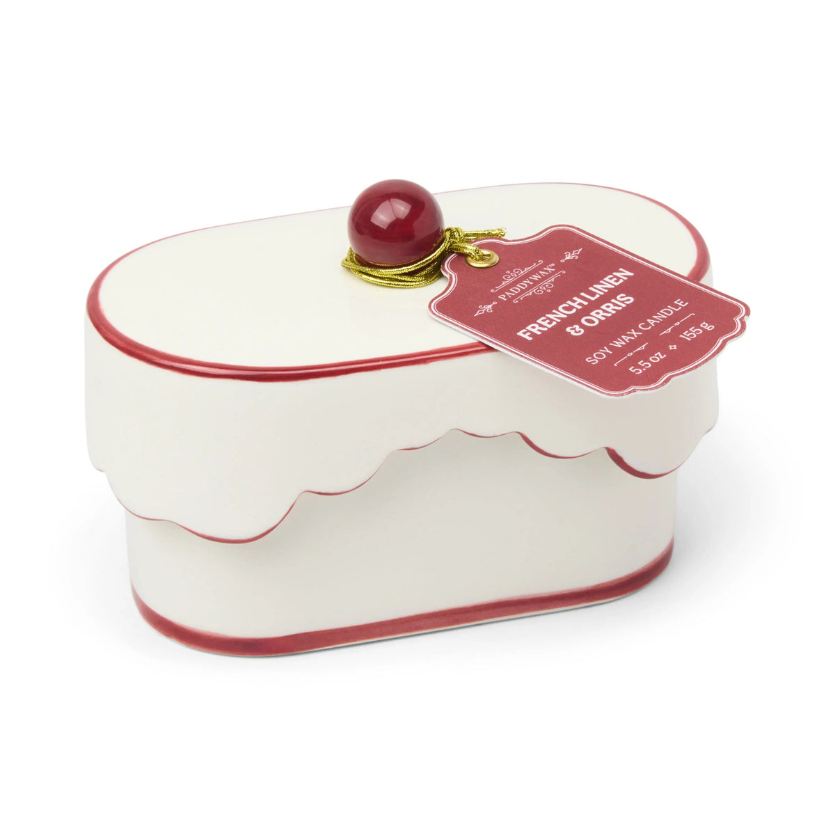 Chérie 5.5 oz Ceramic Candle, A white ceramic lidded candle box with a black scalloped rim and a round knob, tagged Black Fig and Olive.