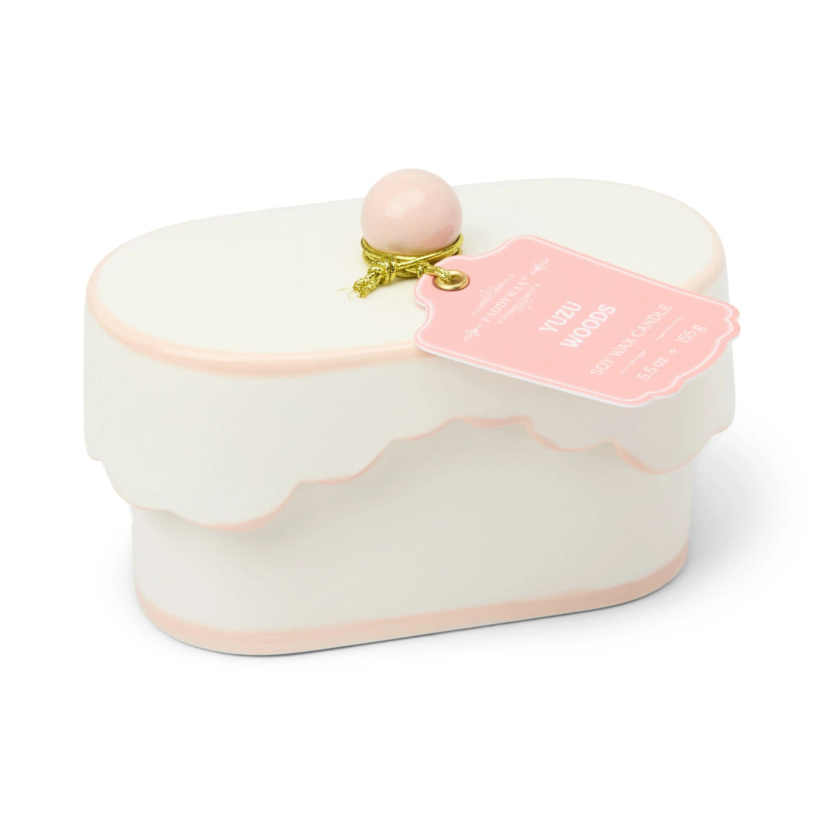 Chérie 5.5 oz Ceramic Candle, A white ceramic lidded candle box with a black scalloped rim and a round knob, tagged Black Fig and Olive.