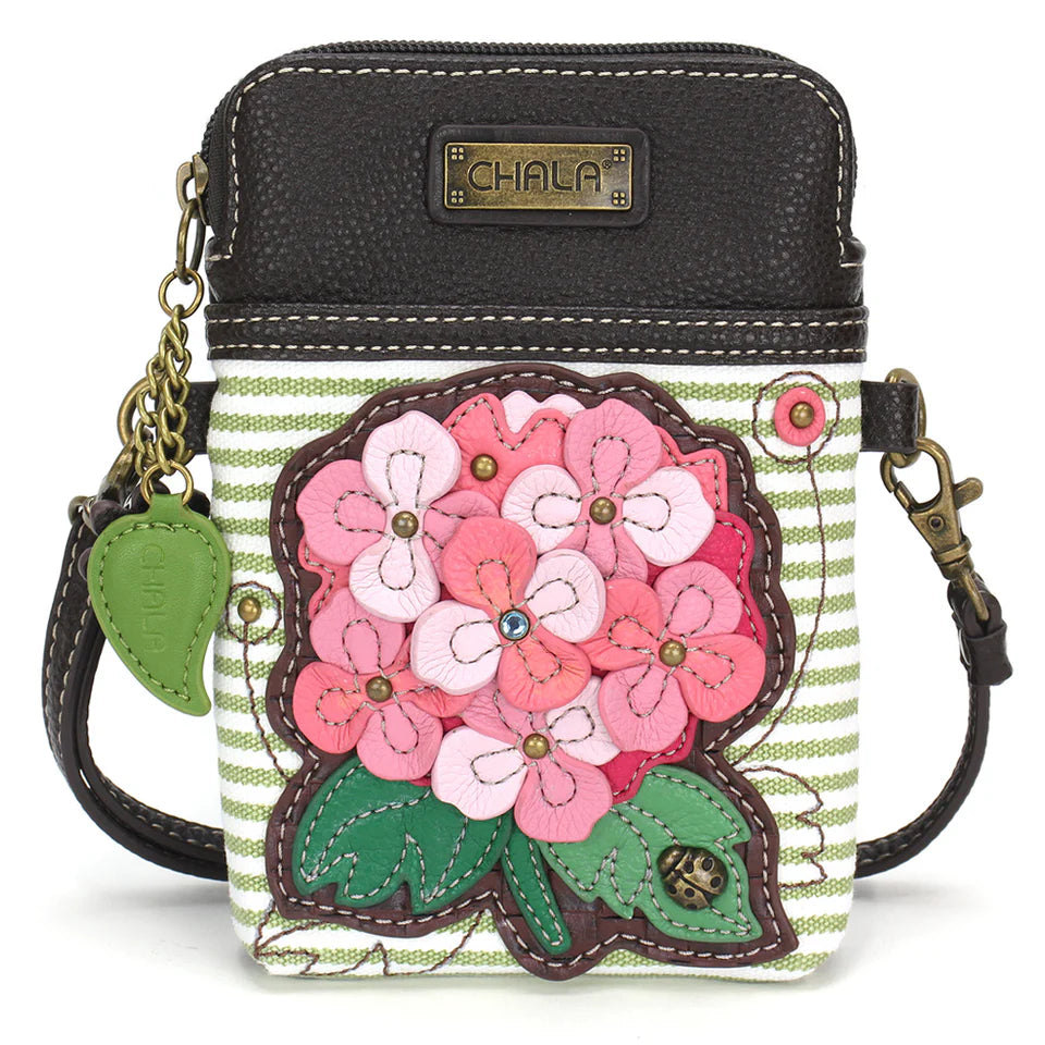 Cell Phone Crossbody Bag-Pink Hydrangea-Green Stripe