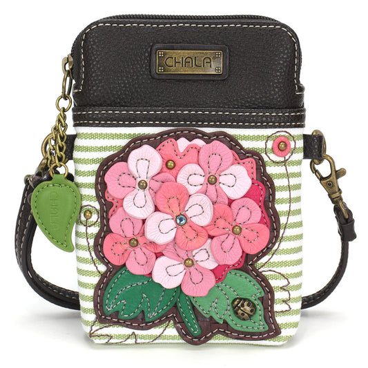 Cell Phone Crossbody Bag-Pink Hydrangea-Green Stripe