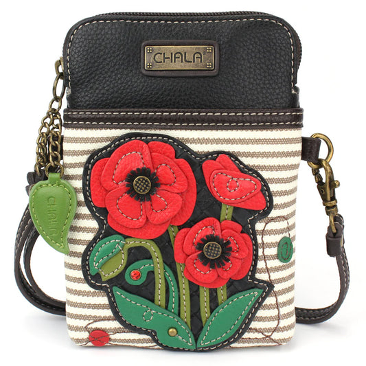 Cell Phone Crossbody Bag-Red Poppy-Gray Stripe