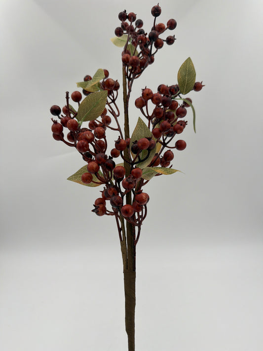 27 Inch Brown Berry Spray with Green Leaves
