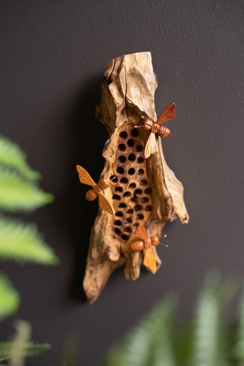 Repurposed Wall Hanging Sculpture with Hand-Carved Bees