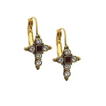 14k Gold-Dipped Crystal Dark Red Cross Earrings