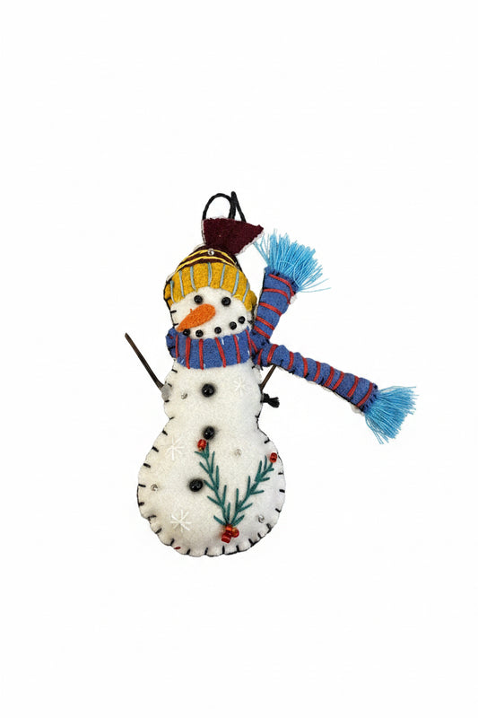 Small snowman blue scarf ornament