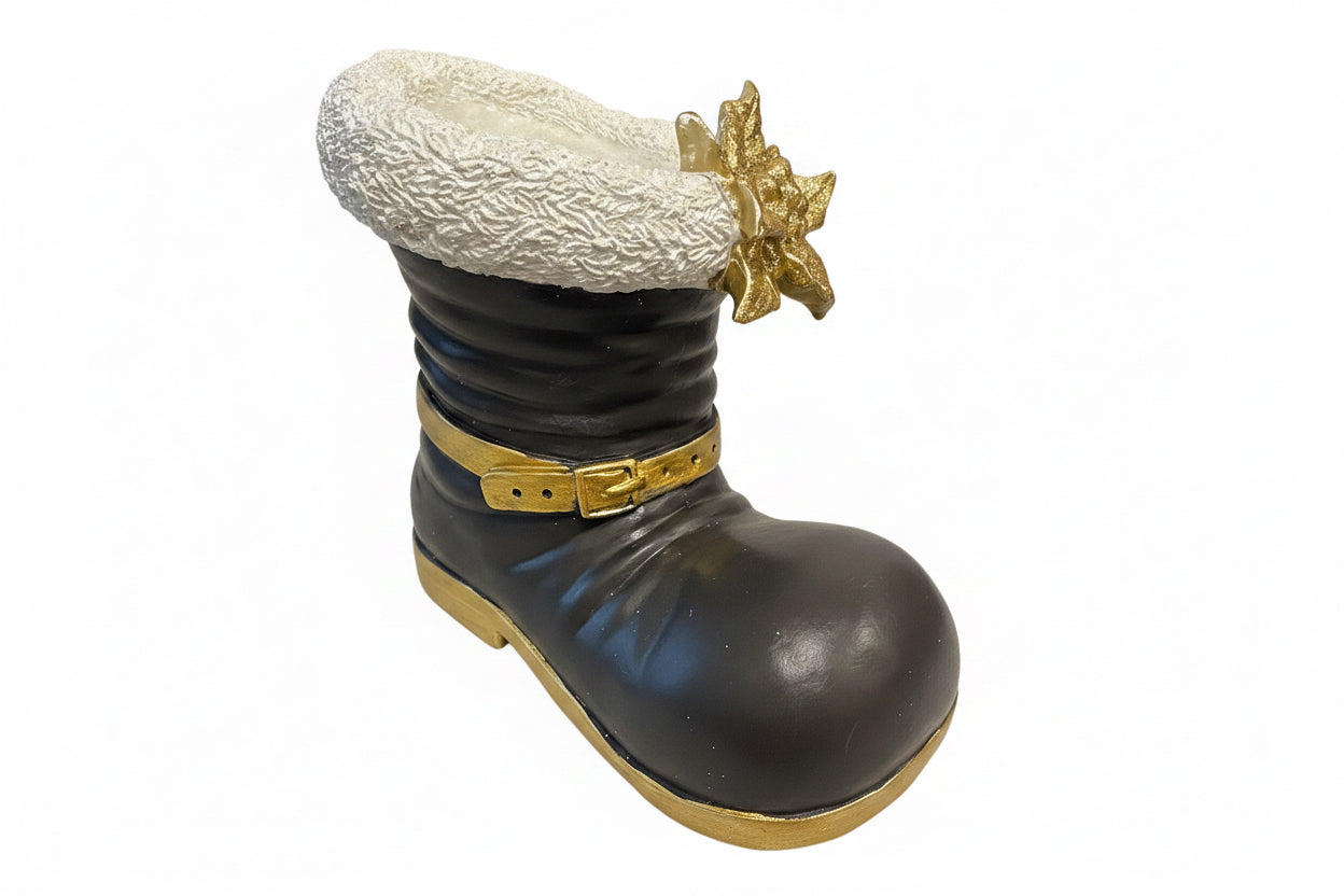 Black Santa Boot w/White Trim & Gold Poinsettia
