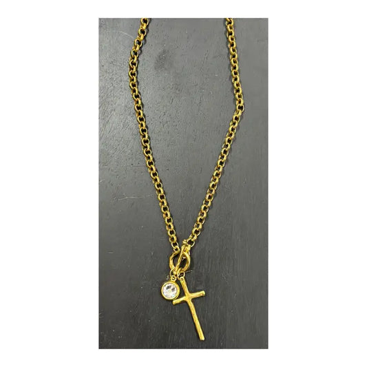 17" Antique Gold Toggle Necklace with Crystal and Gold Cross