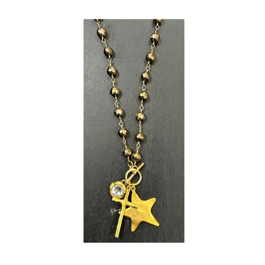17" Pyrite and Gold Plated toggle Necklace with Crystal and Antique