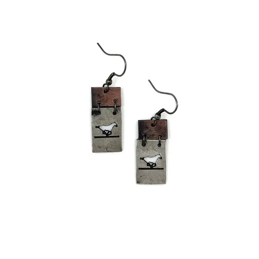 Pewter Earrings - Running Horses in Rectangle