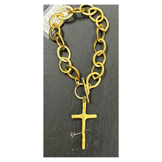 Gold Plated Toggle Bracelet with Antique Gold Cross Pendent