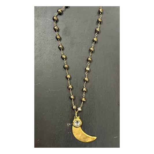 17" Pyrite Necklace with Crystal and Antique Gold Moon