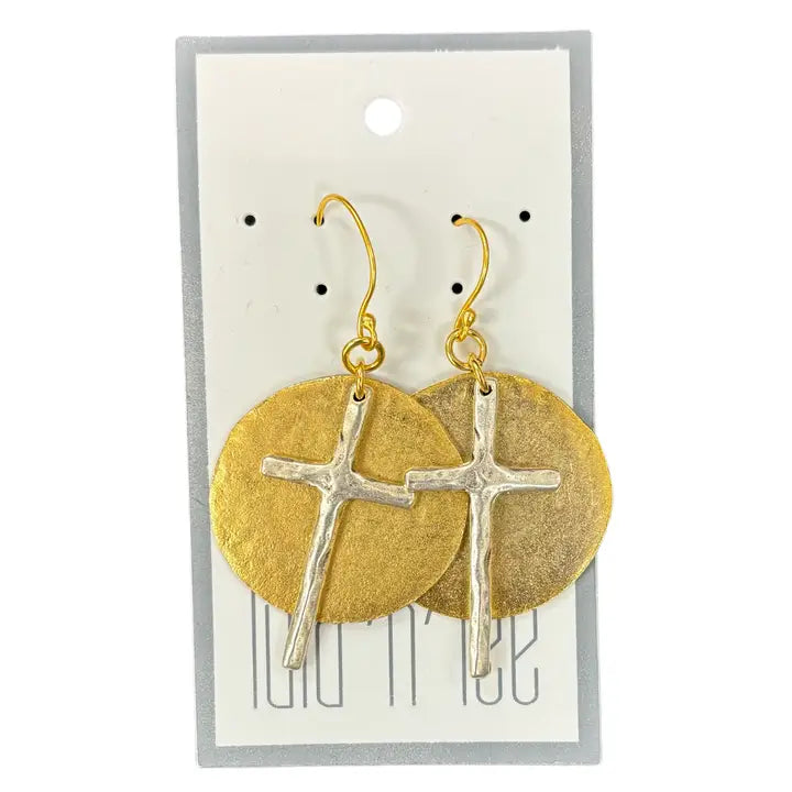 Two Tone Antique Gold and Silver Cross, Disc Earrings
