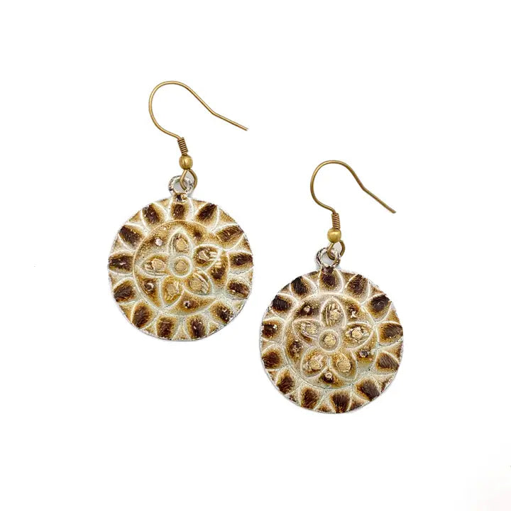 Brass Patina Earrings - Warm Brown and White Flower Circles