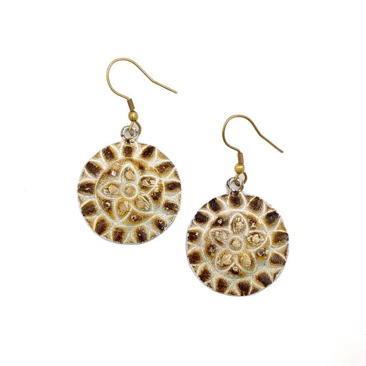 Brass Patina Earrings - Warm Brown and White Flower Circles