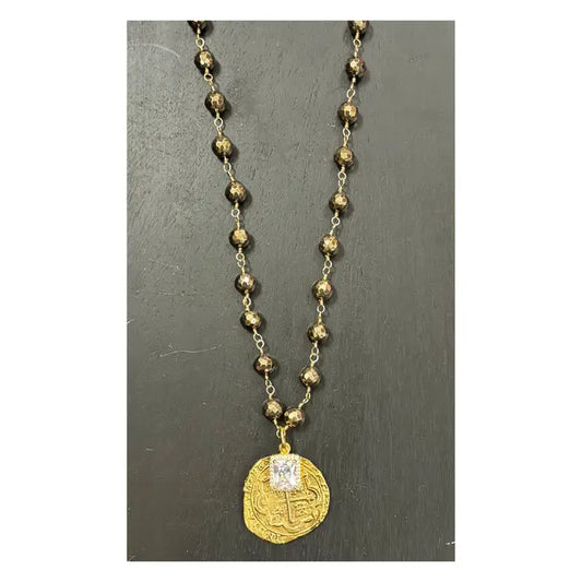 17" Pyrite Necklace with Crystal and Gold Pewter Cast Coin Pendent