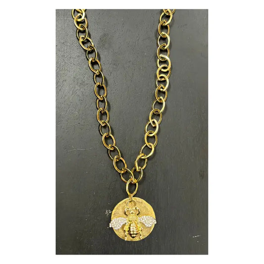 17" Gold Plated Chain Necklace with Gold Pewter Disc and Pave' Bee
