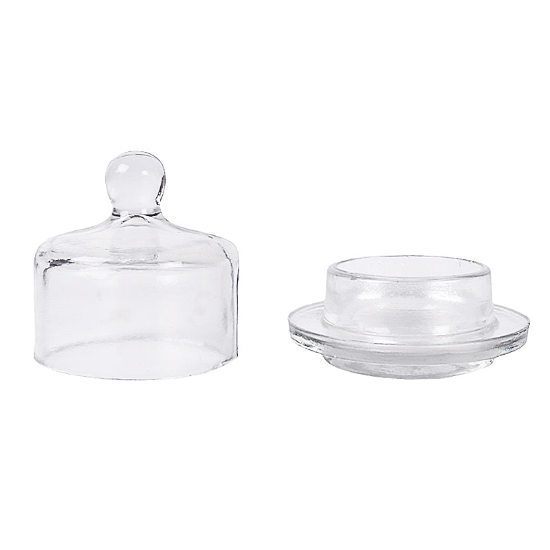 Lucent Glass Butter Dish, A clear glass butter dish with its domed lid removed and set beside the round base, on a white background.
