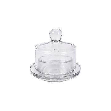 Lucent Glass Butter Dish, A clear glass butter dish with its domed lid removed and set beside the round base, on a white background.