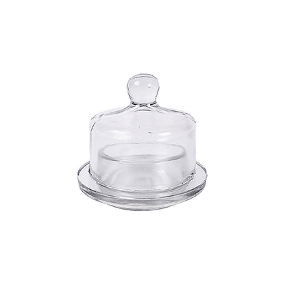 Lucent Glass Butter Dish, A clear glass butter dish with its domed lid removed and set beside the round base, on a white background.