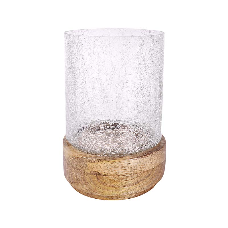 Radiance Crackle Glass Candle Holder, A clear glass candle holder with a crackled texture, on a round natural wood base, shown empty against a white background.