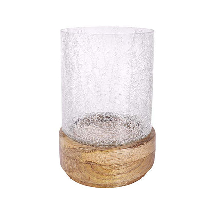 Radiance Crackle Glass Candle Holder, A clear glass candle holder with a crackled texture, on a round natural wood base, shown empty against a white background.
