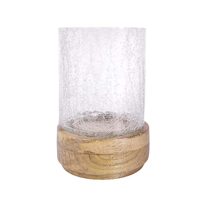 Radiance Crackle Glass Candle Holder, A clear glass candle holder with a crackled texture, on a round natural wood base, shown empty against a white background.