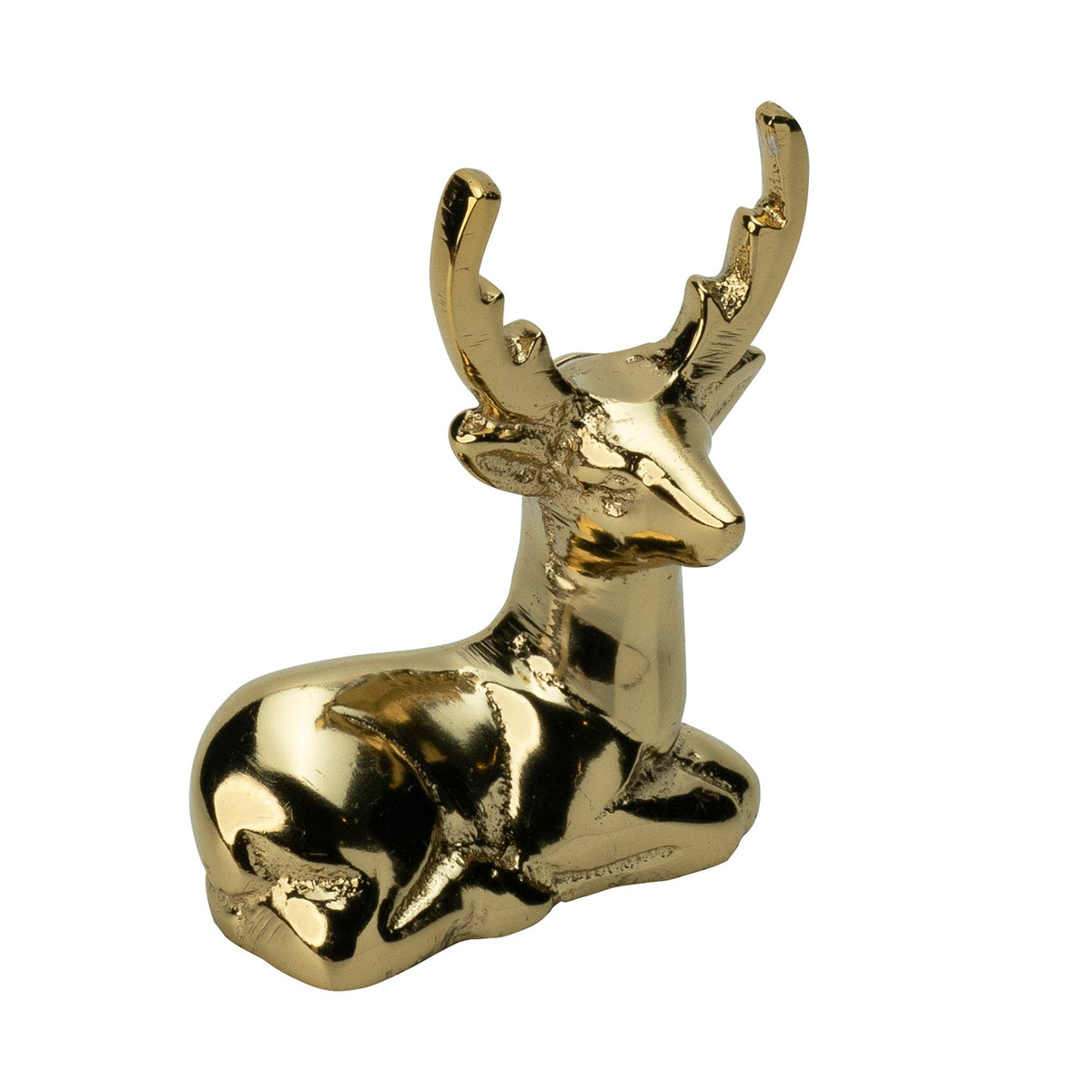 Blitzen Reindeer Placecard Holder, Gold, A small brass reindeer figure in a gold finish, lying down with its antlers raised.