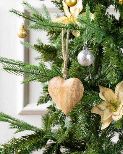 Norma Wooden Heart Ornament, A natural wood heart ornament with a twisted jute hanging loop, shown straight on against a plain white background.