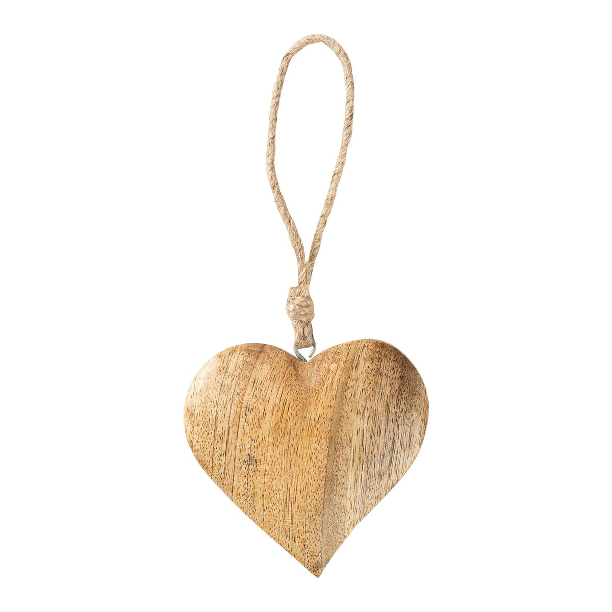 Norma Wooden Heart Ornament, A natural wood heart ornament with a twisted jute hanging loop, shown straight on against a plain white background.