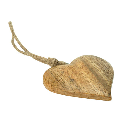 Norma Wooden Heart Ornament, A natural wood heart ornament with a twisted jute hanging loop, shown straight on against a plain white background.