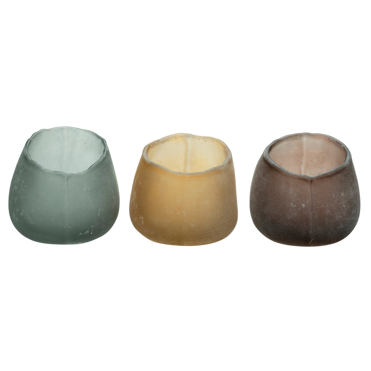 Indus Glass Votive Candle Holder, Three rounded frosted glass votive holders shown together in smoke gray, amber gold, and a deep burgundy, each wider at the open top.