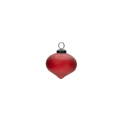 Indus Glass Belly Ornament, Red, A glossy red glass ornament in a rounded belly shape that tapers to a point, with a dark metal cap and hanging ring, shown against a plain white background.