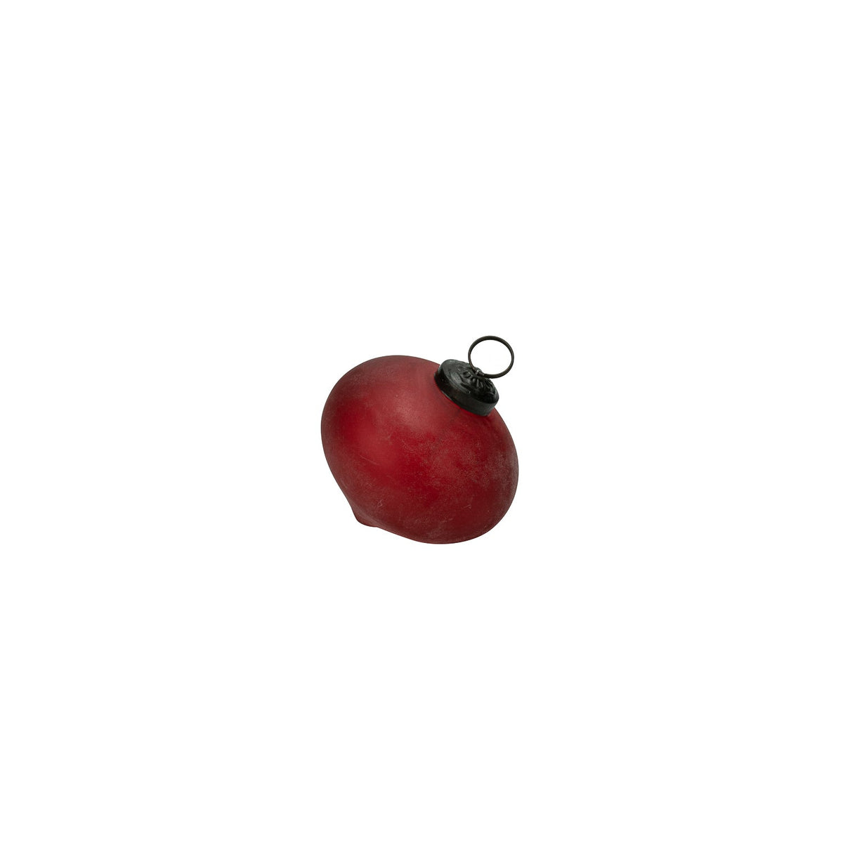 Indus Glass Belly Ornament, Red, A glossy red glass ornament in a rounded belly shape that tapers to a point, with a dark metal cap and hanging ring, shown against a plain white background.