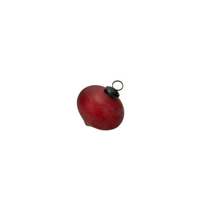Indus Glass Belly Ornament, Red, A glossy red glass ornament in a rounded belly shape that tapers to a point, with a dark metal cap and hanging ring, shown against a plain white background.