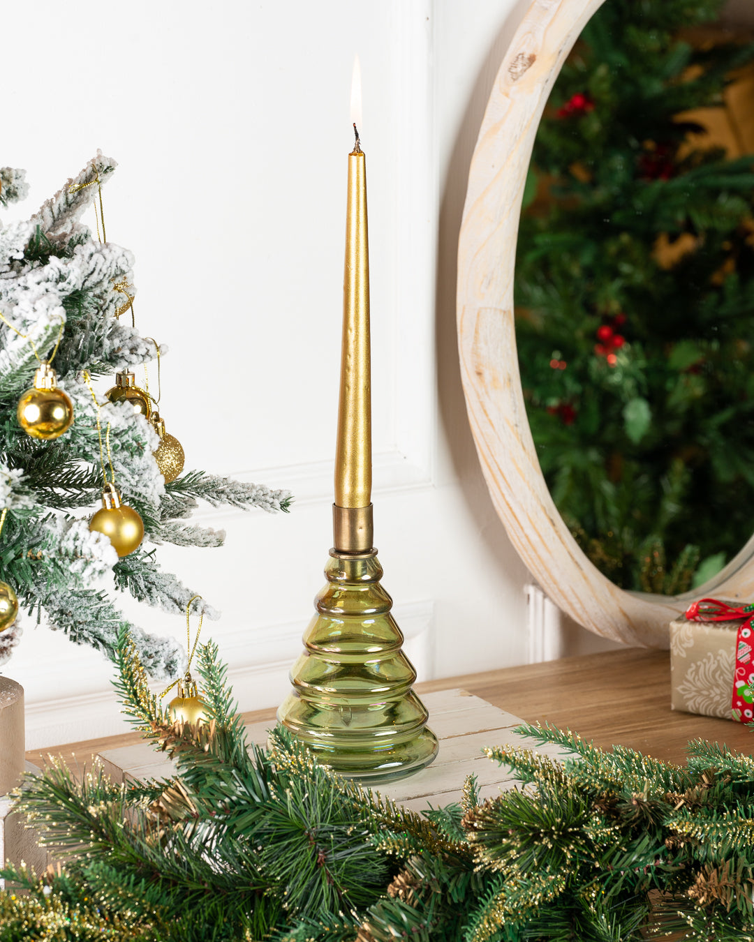 Tinsel Glass Tree Candle Holder, Green
