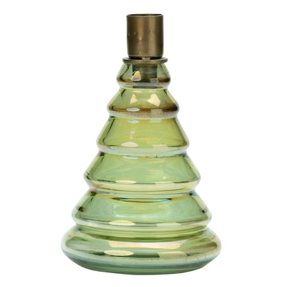 Tinsel Glass Tree Candle Holder, A ribbed glass candle holder shaped like a tiered Christmas tree in a shimmering chrome green finish, with a bronze metal taper cup on top, shown alone.