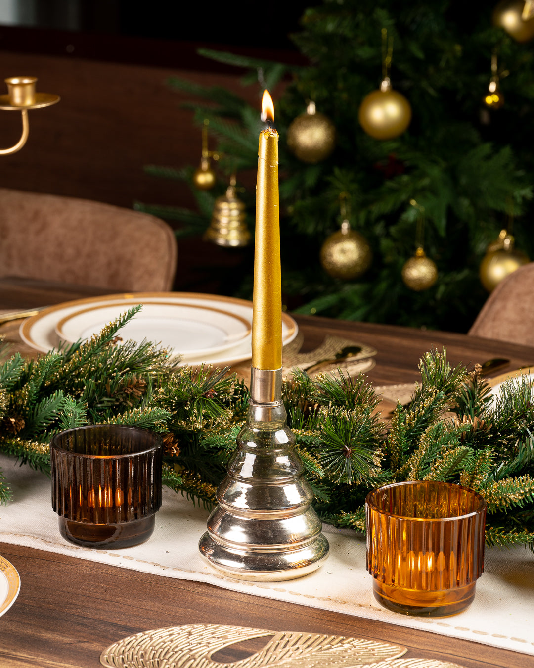 Tinsel Glass Tree Candle Holder, Silver