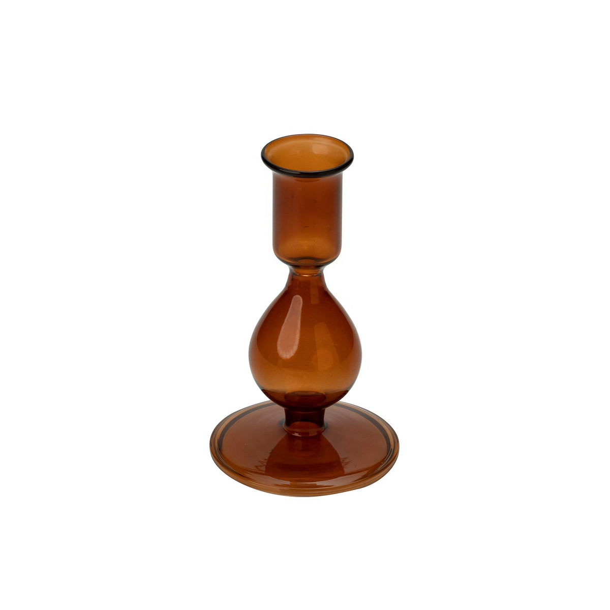 Carina Glass Taper Candle Holder, An amber glass candlestick holder with a flared rim, a rounded bulb center, and a wide flat foot, photographed alone on white.