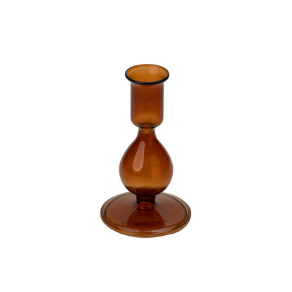 Carina Glass Taper Candle Holder, An amber glass candlestick holder with a flared rim, a rounded bulb center, and a wide flat foot, photographed alone on white.