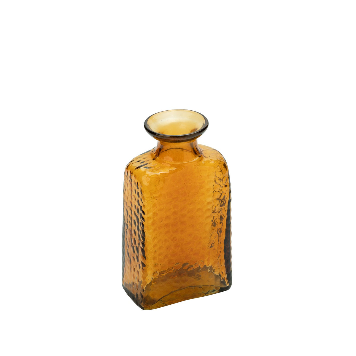 Norma Amber Glass Bud Vase, An amber glass bud vase with a textured surface and a short flared neck, empty against a white background.