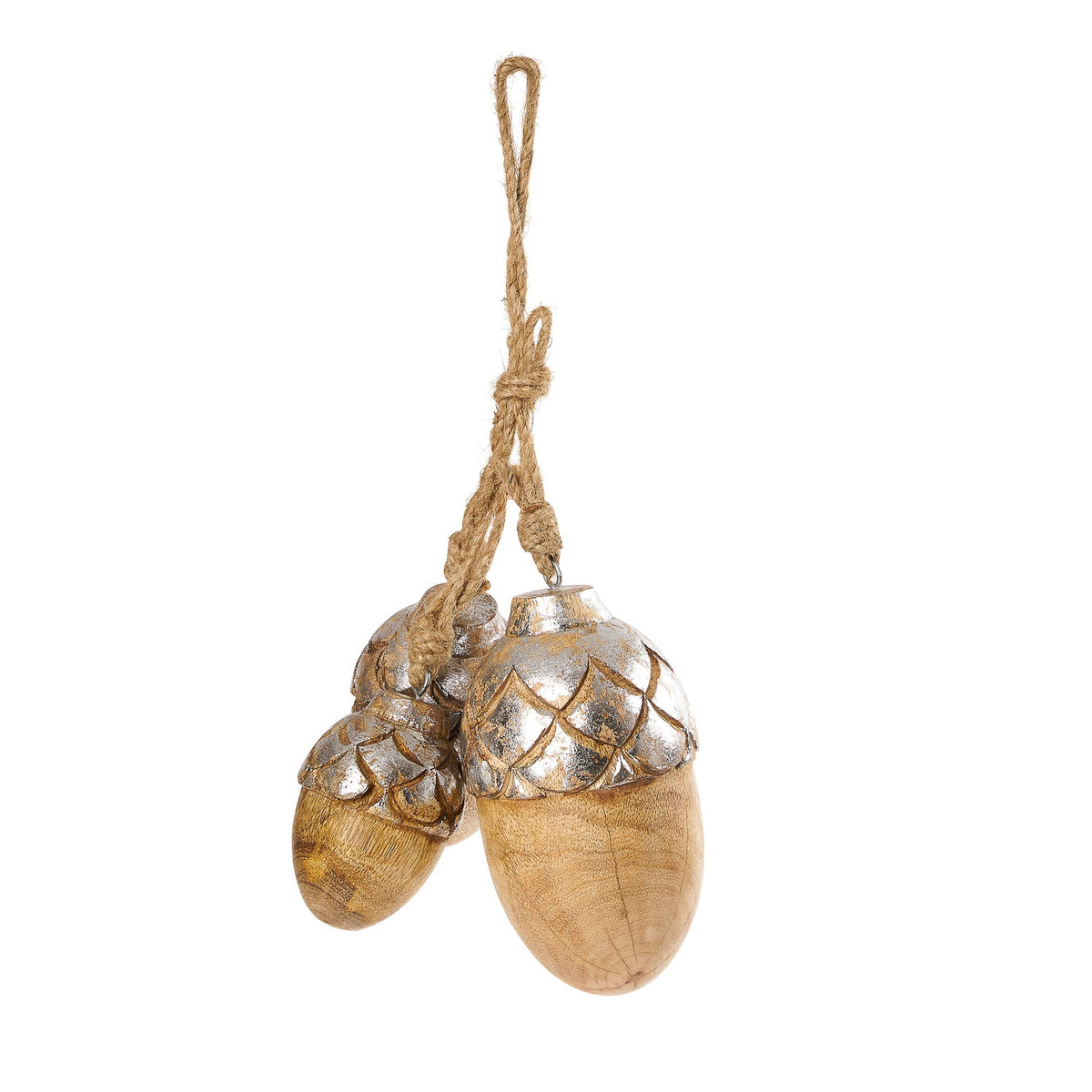 Wooden Acorn Ornament, Set of 3 Sizes with Silver Cupped Caps, Three wooden acorn ornaments of graduated sizes with silver leafed caps and jute hanging loops, arranged together against a white background.