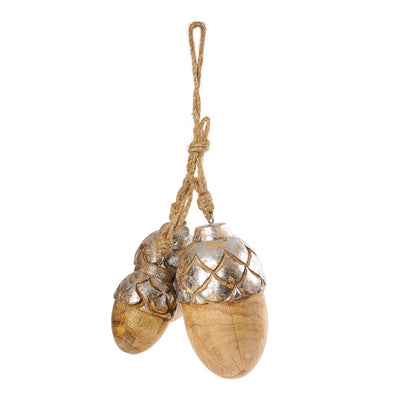 Wooden Acorn Ornament, Set of 3 Sizes with Silver Cupped Caps, Three wooden acorn ornaments of graduated sizes with silver leafed caps and jute hanging loops, arranged together against a white background.