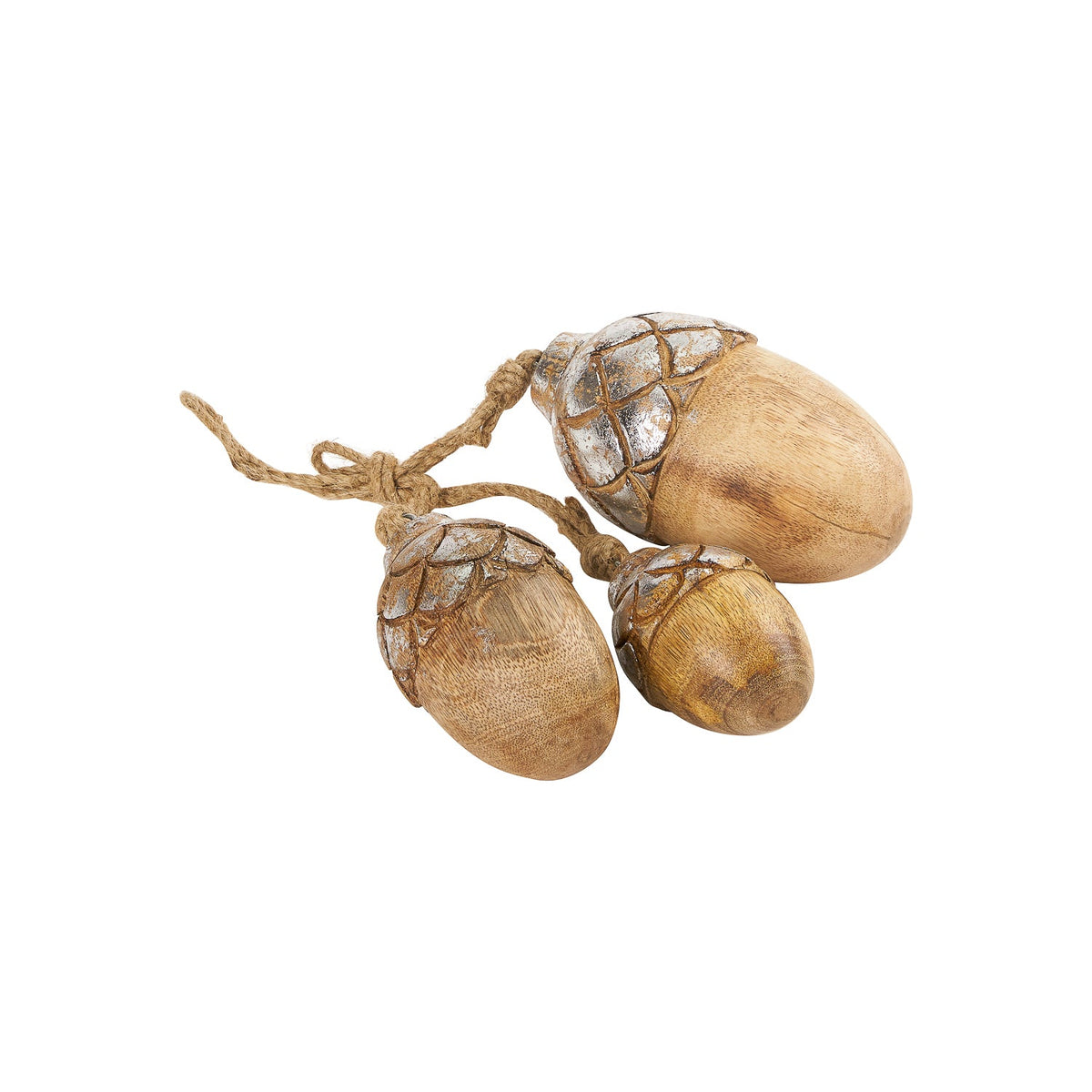 Wooden Acorn Ornament, Set of 3 Sizes with Silver Cupped Caps, Three wooden acorn ornaments of graduated sizes with silver leafed caps and jute hanging loops, arranged together against a white background.