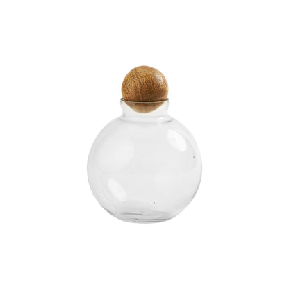 Grove Glass Ball Jar with Wooden Lid, A round clear glass jar with a round natural wood ball lid, shown empty against a white background.