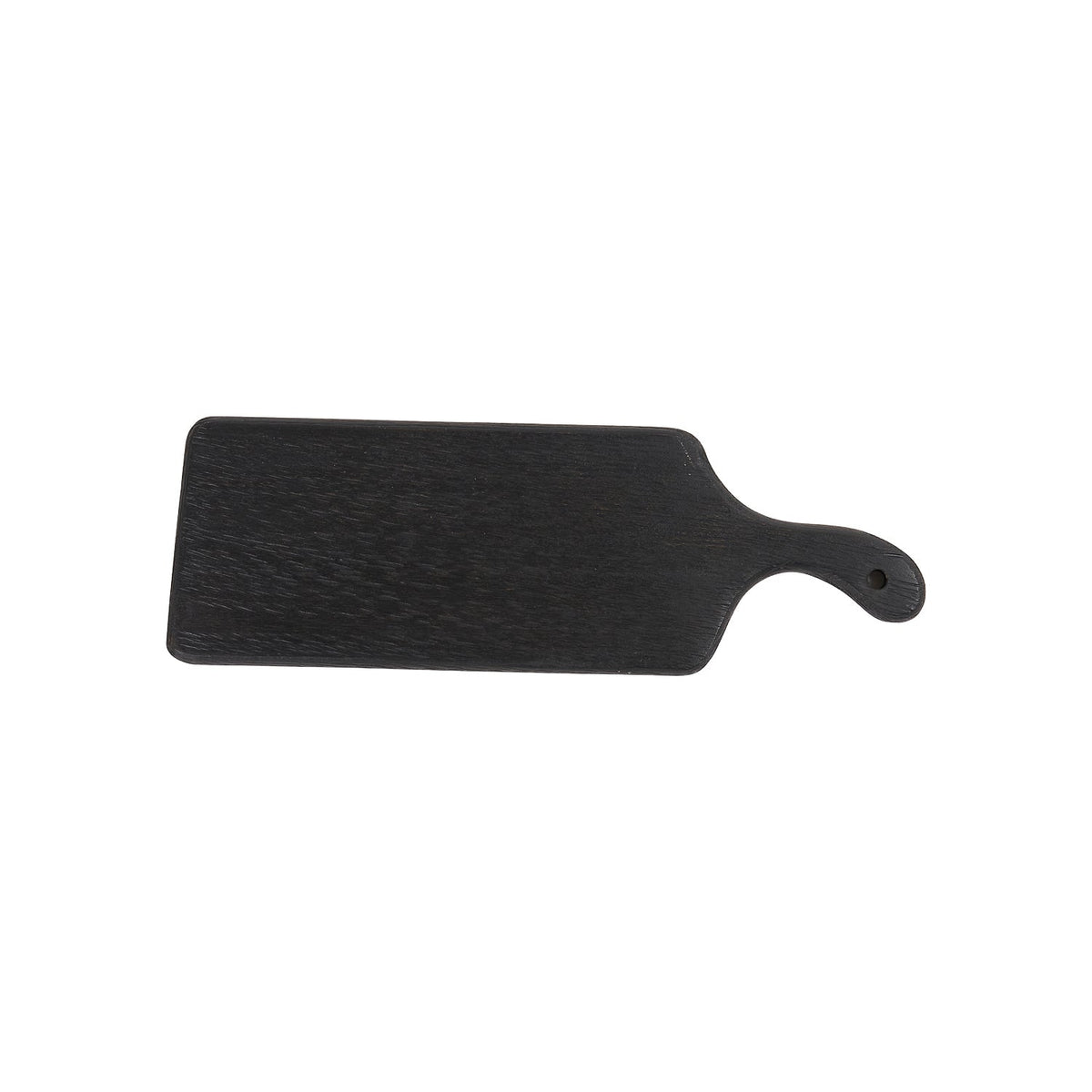 Luna Black Wood Cutting Board, A black finish wood cutting board with a rectangular blade and a paddle handle, shown from above against a white background.