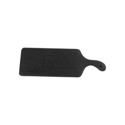 Luna Black Wood Cutting Board, A black finish wood cutting board with a rectangular blade and a paddle handle, shown from above against a white background.