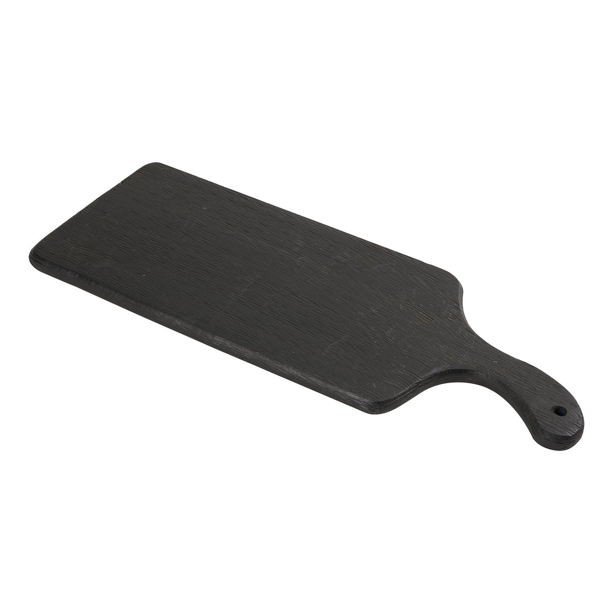 Luna Black Wood Cutting Board, A black finish wood cutting board with a rectangular blade and a paddle handle, shown from above against a white background.