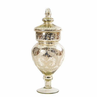 Sparkle Mercury Glass Trophy Jar with Lid, A tall mercury glass trophy-shaped jar with a mottled antique silver finish, its domed lid topped with a pointed finial, shown against a white background.